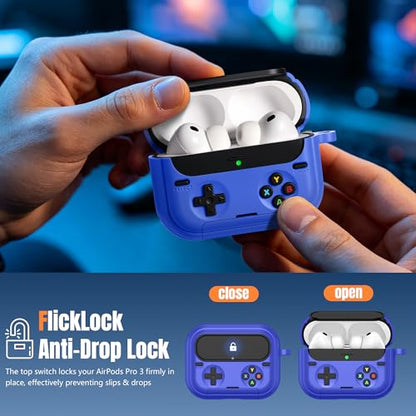 Getino Retro Game Case for AirPods Pro 3 | Game Console Design Protective Cover with Foldable Stand, Secure Lock Anti-Drop Shockproof PC+TPU Case, Keychain & Cleaning Kit for Men & Boys, Blue - color: Blue