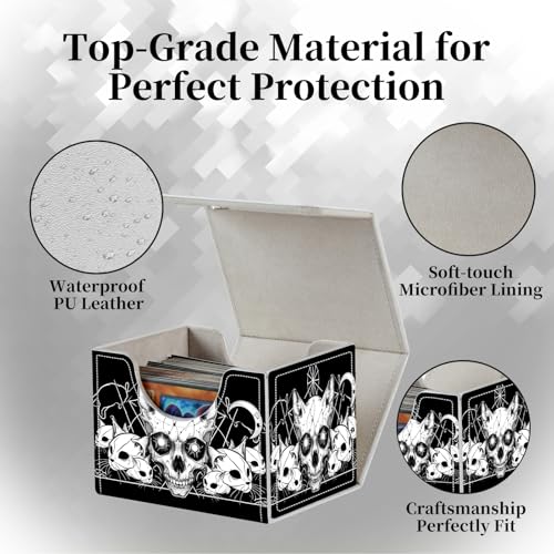 Card Deck Box for MTG,Commander,YuGiOh,Portable 100+ Card Storage Box,Magnetic Closure Durable Leather Trading Card Protector Case for TCG CCG Players & Collectors- Vector Cat Skulls
