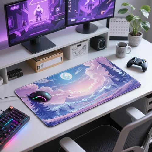 Mountain Moonlight Gaming Mouse Pad Desk Mat 31.5"x15.7" | Extended Mousepad, Non-Slip Rubber Base , Stitched Edges, for Computer/Laptop/Office/Home - color: Mountain Moonlight