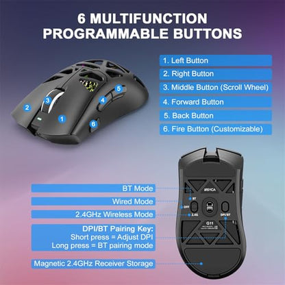 G11 Lightweight Wireless Gaming Mouse for FPS & Competitive Gaming, Tri-Mode Bluetooth 5.1/2.4GHz/USB-C, 22000 DPI RGB Mouse with Programmable Buttons for PC, Laptop & Mac (Black) - color: Black