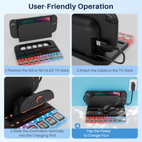 Charging Dock for Swi-tch 2 with Game Card Storage & RGB Light | Compact all-in-one station charges 4 controllers and stores 9 game cards for neat organization
