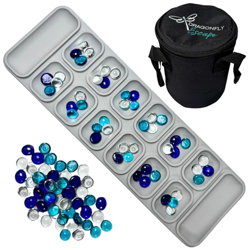 Travel Mancala Game Set – Flexible Silicone Roll-Up Board, 50 Stones & Zippered Canvas Bag – Portable Strategy Game for Adults & Teens (Light Grey) - color: Light Grey