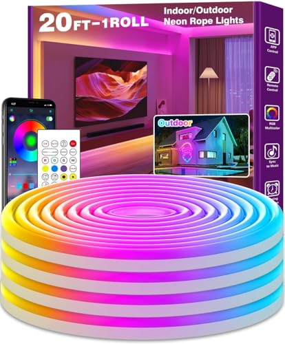 SINLEY Led Neon Rope Lights 20FT,Control with App/Remote,Flexible Led Rope Lights,Multiple Modes,IP68 Outdoor RGB Neon Lights Waterproof,Music Sync Gaming Led Strip Lights for Bedroom Indoor - size: 20FT