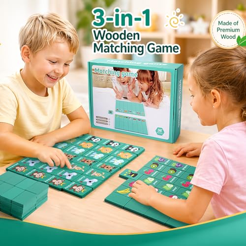 Wooden Dominoes Memory Matching Game for Toddlers 3-6, 57 Pcs Fruit Animal | 3-in-1 Topple Board Games with Storage Bag, Interactive Preschool Educational Toys, Family Reunion Games Gifts for Kids