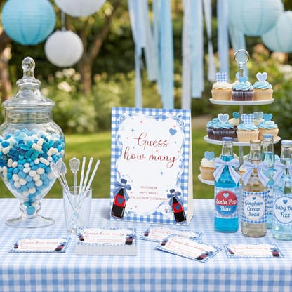 Blue Soda Guess How Many Baby Shower Game Pack of 1 Tabletop Sign with Stand and 50 How Many Cards, Red and Blue Soda Gender Reveal Party Game Decorations - style: Blue Soda