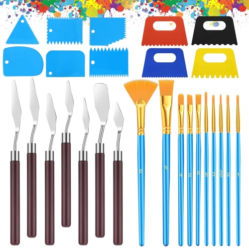 EEEKit 27 PCS Palette Knife Set, Stainless Steel Spatula Pallet Knife with Art Paint Brush, Plastic Scraper for Oil Canvas, Watercolor, Acrylic Painting