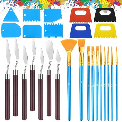 EEEKit 27 PCS Palette Knife Set, Stainless Steel Spatula Pallet Knife with Art Paint Brush, Plastic Scraper for Oil Canvas, Watercolor, Acrylic Painting