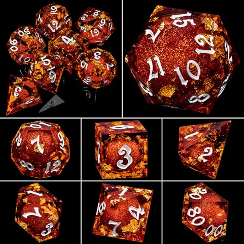 ARUOHHA Liquid Core DND Dice Set, 7pcs Resin Sharp Edged Dragons Dice Role Playing Games, RPG Silver Numbers Red Dungeons Polyhedral Dice with Gift Box D20 D12 D10 D8 D6 D4 - color: Silver Red