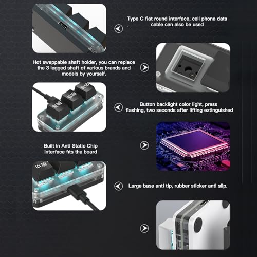 3 Keys Macro Mechanical Keypad, One Handed Programmable Keypad, Blue Switch, RGB Backlight, USB Customized Select All Cut Copy Paste Macro Pad for Work Games