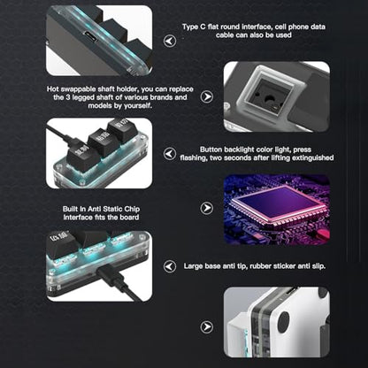 3 Keys Macro Mechanical Keypad, One Handed Programmable Keypad, Blue Switch, RGB Backlight, USB Customized Select All Cut Copy Paste Macro Pad for Work Games