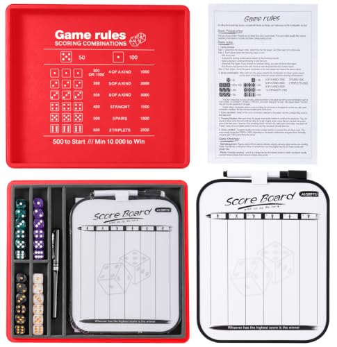Dice Tray and Storage Case for Farkle Game - Includes Embedded Scoring Combinations, 4 Sets of 6 Pearl Dice, 50 Sheet Score Pad and Pen Holder for The Classic Family Game - Red and Grey - color: Red and Grey