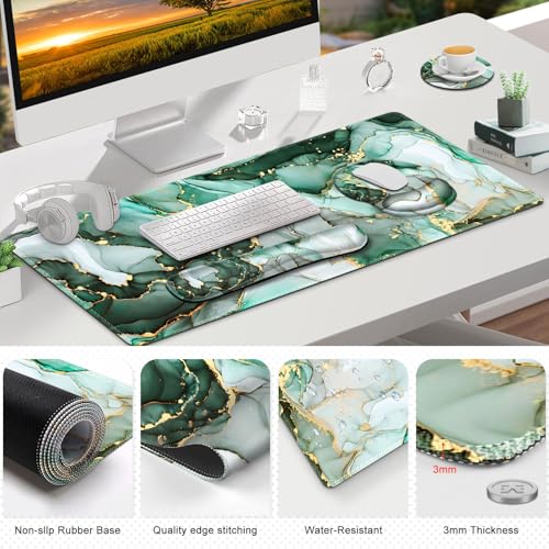 Gaming Mouse Pad, Large Desk Mat, Cute Desk Pad Protector 4in1 XXL Mousepad | Keyboard Wrist Rest+Mouse Wrist Rest+Coaster Set with Ergonomic Desk Pad for Home Office PC Computer, Green Marble - color: Green Marble