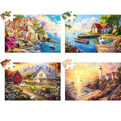 4 Pack 36 Large Piece Puzzle for Seniors Dementia Alzheimer Puzzles | Dementia Products Activities for Elderly Adults Lake Farm Easy Jigsaw Puzzle Memory Cognitive Games with 4 Storage Bags - style: 4Pack 36 Large Pieces-1