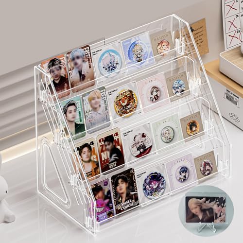 4 Tier Clear Acrylic Trading Card Display Stand with 5 Pc Mini Easel Stand, Card Stand & Display Risers, Card Holder Display for TCG MTG PSA Sports Cards, Greeting Cards Stickers, Postcards, Badge