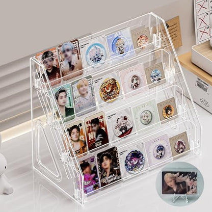 4 Tier Clear Acrylic Trading Card Display Stand with 5 Pc Mini Easel Stand, Card Stand & Display Risers, Card Holder Display for TCG MTG PSA Sports Cards, Greeting Cards Stickers, Postcards, Badge