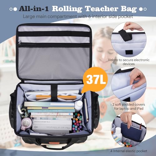 INSMEER Rolling Teacher Bag with Wheels,Wheeled Teacher Tote Bag with Insulated Lunch Bag,with Padded Laptop Compartment - color: Black