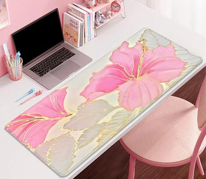 Abstract Floral Mouse Pad Desk Mat,Pink and Gold Extended Gaming Mouse Pad with Stitched Edges,Non-Slip Waterproof Rubber Base for Office,Computer,Keyboard,Laptop and Home Desk Pad(27.5X11.8 in) - color: Abstract Flower Pink and Gold