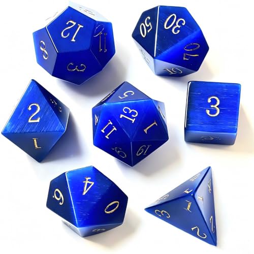 Natural Gemstone DND Dice Set,7 Pcs Blue Cat's Eye Gemstone Handmade Polyhedral D&D Dice with Gift Metal Box for Dungeons and Dragons MTG Role Playing Games (Blue Cat's Eye Gemstone) - color: Blue Cat Eye