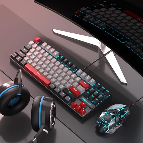 MageGee 75% Mechanical Gaming Keyboard, Blue Switch, LED Backlit, 87 Keys Compact TKL Wired Computer Keyboards for Windows Laptop PC Gamer - Grey/Black - color: Grey Black/Blue Switch