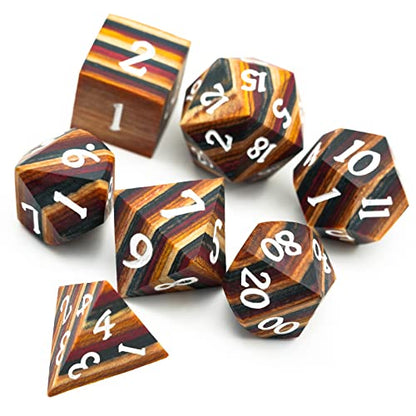 Wooden DND Dice Set Wood Polyhedral Dice Set D&D for Tabletop Games | Iron Box, DM Gift, for Dungeons and Dragons Role Playing Games - color: Yellow Striped