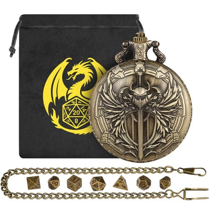 Mini DND Dice Set with Steampunk Paladin Pocket Watch Shell Case, DND Starter Set, 7pcs Polyhedral Mini Metal Dice Set, DND Gifts with Gift Bag, Role Playing Board Game Accessories,Bronze - color: Bronze