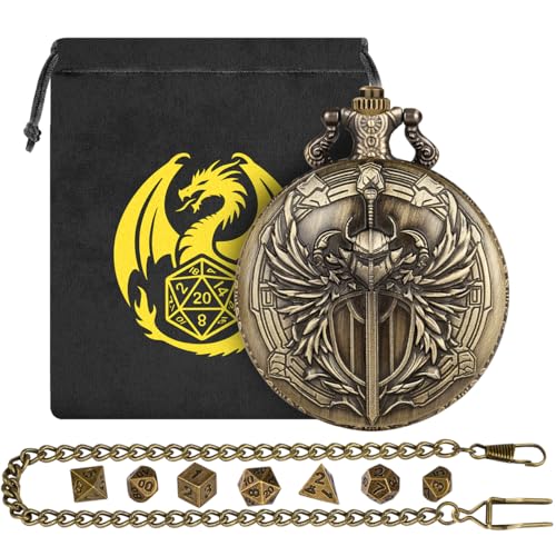 Mini DND Dice Set with Steampunk Paladin Pocket Watch Shell Case, DND Starter Set, 7pcs Polyhedral Mini Metal Dice Set, DND Gifts with Gift Bag, Role Playing Board Game Accessories,Bronze - color: Bronze