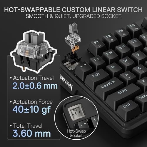 Redragon K745 Wired Gasket RGB Gaming Keyboard, 108 Keys Mechanical Keyboard w/Extra 4 Hotkeys, Upgraded Hot-swappable Socket, 5-Layer Noise Dampening, Creamy & Thocky Custom Linear Switch - color: Essential Black, size: 108 Keys