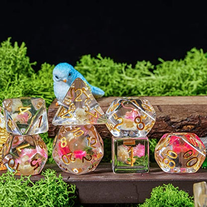 Cusdie 7-Die DND Dice, Polyhedral Dice Set Filled with Flowers, for Role Playing Game D&D Dice (Rose/White w/Golden Numbers) - color: Rose/White W/Golden Numbers