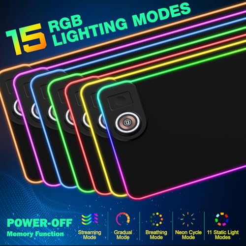 RGB Gaming Mouse Pad Wireless Charging Desk Mat with Foldable Phone Stand, Large LED Gaming Mat 800x350x4mm, 15 Light Modes, Waterproof, Keyboard Pad for PC Computer, Includes 20W PD Power Adapter