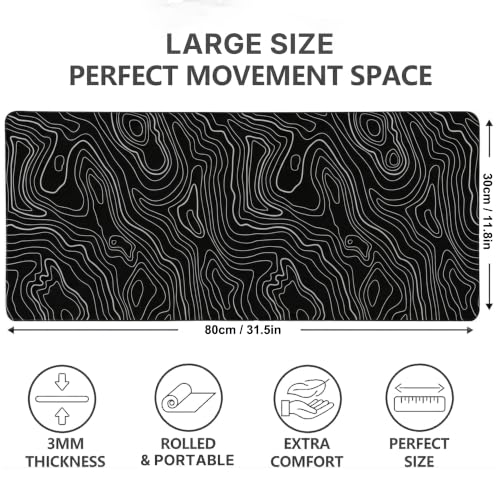 Desk Mat Gaming Mouse Pads – Midnight Topography, Large 31.5 x 11.80 Inch Extended Gaming Mouse Pad, Large Desk Mat, Non-Slip Backing with Ultra-Smooth Surface for Gaming, Office & Home Desk - color: Midnight Topography, size: Large