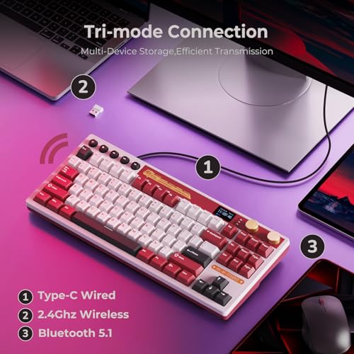 RK ROYAL KLUDGE M87 Wireless Gaming Keyboard with Screen & Dual Knobs, Red | Bluetooth/2.4G/Wired, Hot Swappable Cream Switches, 5-Layer Noise Dampening Gasket Structure,Compact 75% Size for PC/WIN/Mac - color: Red
