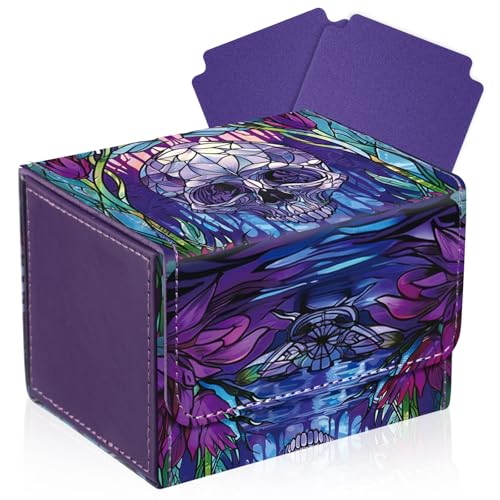 Leather Card Deck Case Compatible with MTG Cards Holds 120+ Trading Cards Strong Magnet Storage Card Box with 2 Dividers Compatible with TCG CCG(Purple,Horizontal Skull) - color: Purple, style: Skull