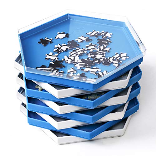 Becko US 8 Puzzle Sorting Trays with Clear Lid, Puzzle Sorters for Storage | Hexagonal Trays in White & Blue, Stackable & Portable, Sort & Store, Exquisite Packaging, for Puzzles Up to 1500 Pieces