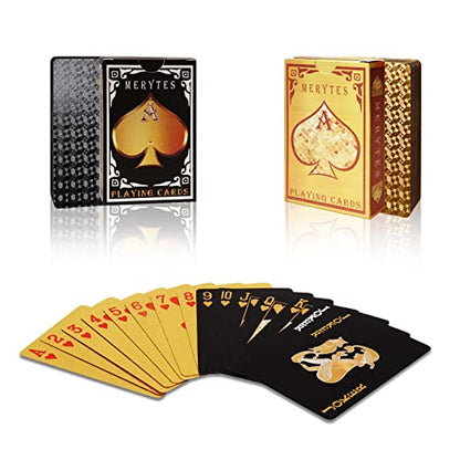 Merytes 2 Deck of Waterproof Poker Cards and Playing Cards with Flexible Plastic PVC Classic Trick Cards - color: Black Gold
