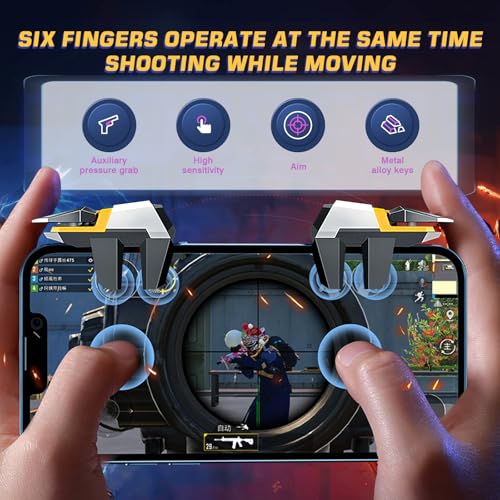 EasEasy PUBG Game Trigger, Mobile Phone Controller Compatible for PUBG/Rules of Survival/Knives Out, 6 Fingers Trigger with Sensitive Aim and Shoot Smartphone Joystick for iPhone & Android-Yellow - color: Yellow