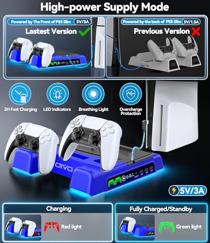 PS5/Slim/Pro Stand and Cooling Station with LED Controller Charging Station for PlayStation 5 Console, Controller Charger, Cooling Stand, PS5/Slim/Pro Skin Accessories Kit with 3 Level Cooler Fan - color: Blue