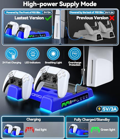PS5/Slim/Pro Stand and Cooling Station with LED Controller Charging Station for PlayStation 5 Console, Controller Charger, Cooling Stand, PS5/Slim/Pro Skin Accessories Kit with 3 Level Cooler Fan - color: Blue