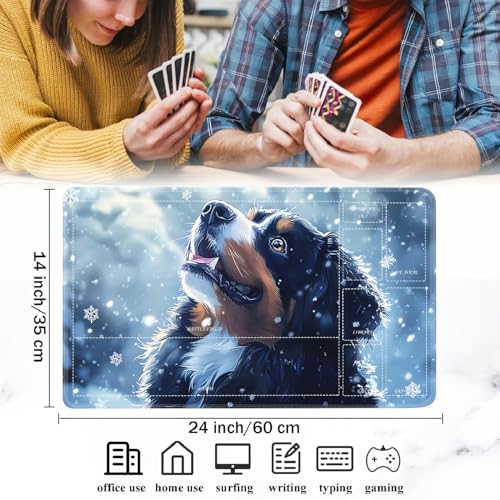 for MTG/TCG Playmat with Zones, 24 x 14 inches Trading Card Playmat with A Storage Bag and 6 Dice, Non-Lip Rubber Bottom Game Desk Mat, Bernese Mountain Dog in The Snow - color: Yux-playmats-2-3A-251