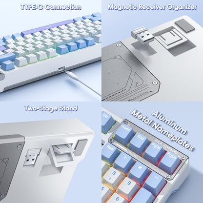 AULA Mechanical Keyboard, Wireless Gaming Keyboards 99 Keys Tri-Mode BT5.0/2.4GHz/USB-C Hot Swappable Custom Creamy Keyboard,RGB Backlit Computer Keyboards w/Pre-lubed Linear Switches Gasket Structure - color: White&Blue&Purple