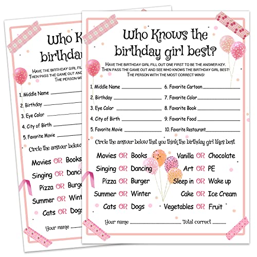 Who Knows the Birthday Girl Best - Girl Birthday Party Game - Themed Party Activity and Idea - Supplies, Decorations - 20 Game Cards - color: Balloon, size: Single Game