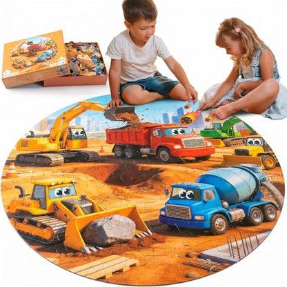 Civaner 70 Pieces Floor Puzzles Round Large Puzzles for Kids Ages 3-5 5-8 Jumbo Jigsaw Puzzle Educational Gifts for Toddlers Girls Boys Baby Shower Holiday Birthday (Construction Vehicles) - style: Construction Vehicles