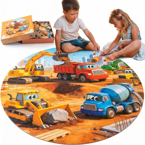 Civaner 70 Pieces Floor Puzzles Round Large Puzzles for Kids Ages 3-5 5-8 Jumbo Jigsaw Puzzle Educational Gifts for Toddlers Girls Boys Baby Shower Holiday Birthday (Construction Vehicles) - style: Construction Vehicles