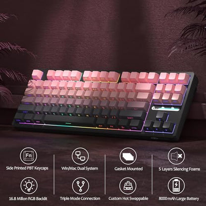 MageGee Pink Wireless Creamy Keyboard, Tri-Mode 2.4G/USB-C/BT Gaming Keyboard, RGB Backlit Hot Swappable Mechanical Keyboard for Win/Mac/PC, 8000mAh Battery - color: Pink