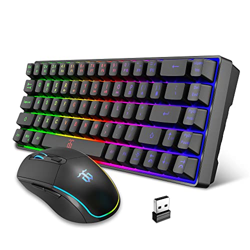 Snpurdiri 60% Wireless Gaming Keyboard and Mouse Combo,LED Backlit Rechargeable 2000mAh Battery,Small Membrane But Mechanical Feel Keyboard + Popular RGB Mice for Gaming,Business Office - color: Black Combo