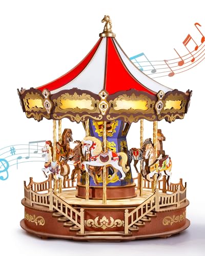 Rolife Wooden 3D Puzzles for Adults, DIY Carousel Music Box with Chaser Lights 11.6" Model Building Kit, Construction Project Craft Kits for Adults Hobby Home Decor Chiristmas Gifts for Boys Girls