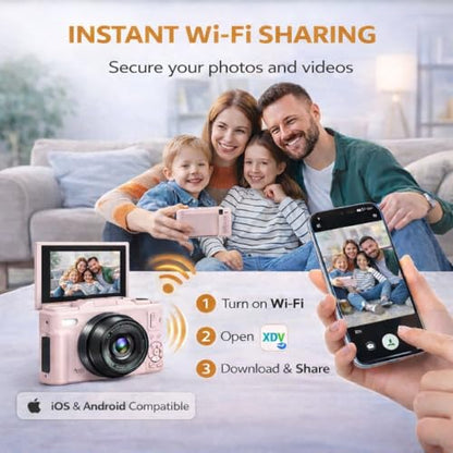 Acuvar 4K Digital Camera, 64MP Compact Digital Camera for Photography & Vlogging, Flip Screen, WiFi, 16X Zoom, Small Camera for YouTube, Beginners with 64GB Card, Pink - style: Basic Camera Kit