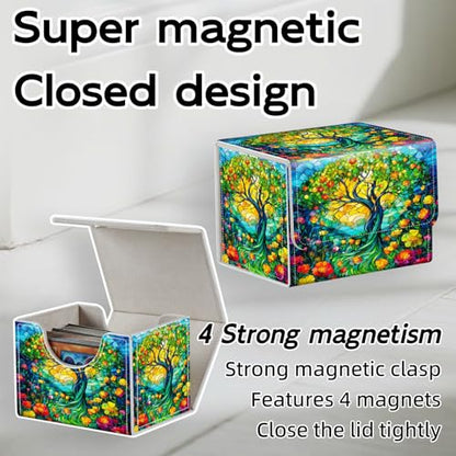 Trading Card Storage Box, Holds 100+ for MTG Cards, Premium PU Leather with Magnetic Closure, Stained Glass Tree And Flowers Durable Deck Box for Magic the Gathering, Trading Card Games - color: Stained Glass Tree And Flowers