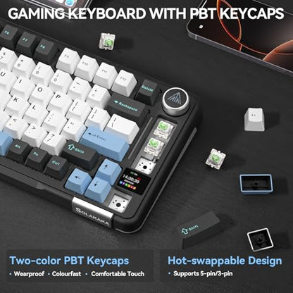 SOLAKAKA A75 PRO Black Gaming Keyboard 75% Wireless Mechanical with Screen and Knob, RGB Backlit Hot Swappable Gasket Pre-lubed PBT Keycaps for PC/Mac/Win - color: BlackBluewhite