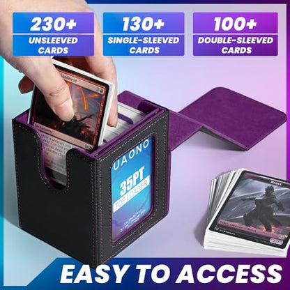 UAONO Card Deck Box for MTG Commander, Fits 100 Double-Sleeved Cards | Independent Commander Display, Magnetic Deck Case for Magic the Gathering TCG, 2 Dividers & 1 Top Loader (Black/Purple) - color: A-Black&Purple