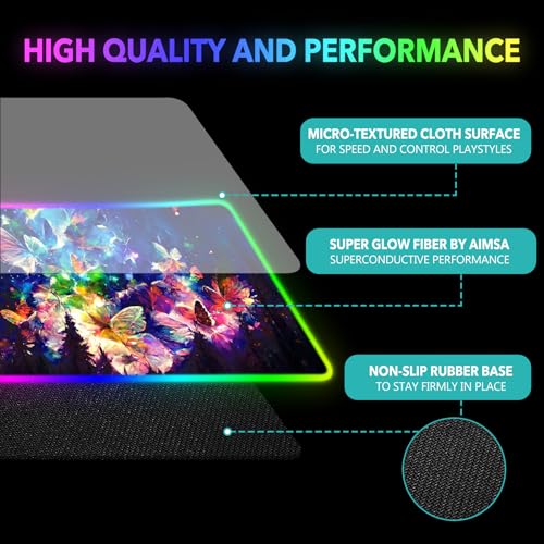 AIMSA RGB LED Gaming Mouse Pad, 14 Modes Glow Pad, Extra Large Gaming Mousepad, 35.4 x 15.8 inch Extended Big Waterproof Keyboard Mouse Pad Mat, Colorful Abstract Butterfly - color: Colorful Abstract Butterfly